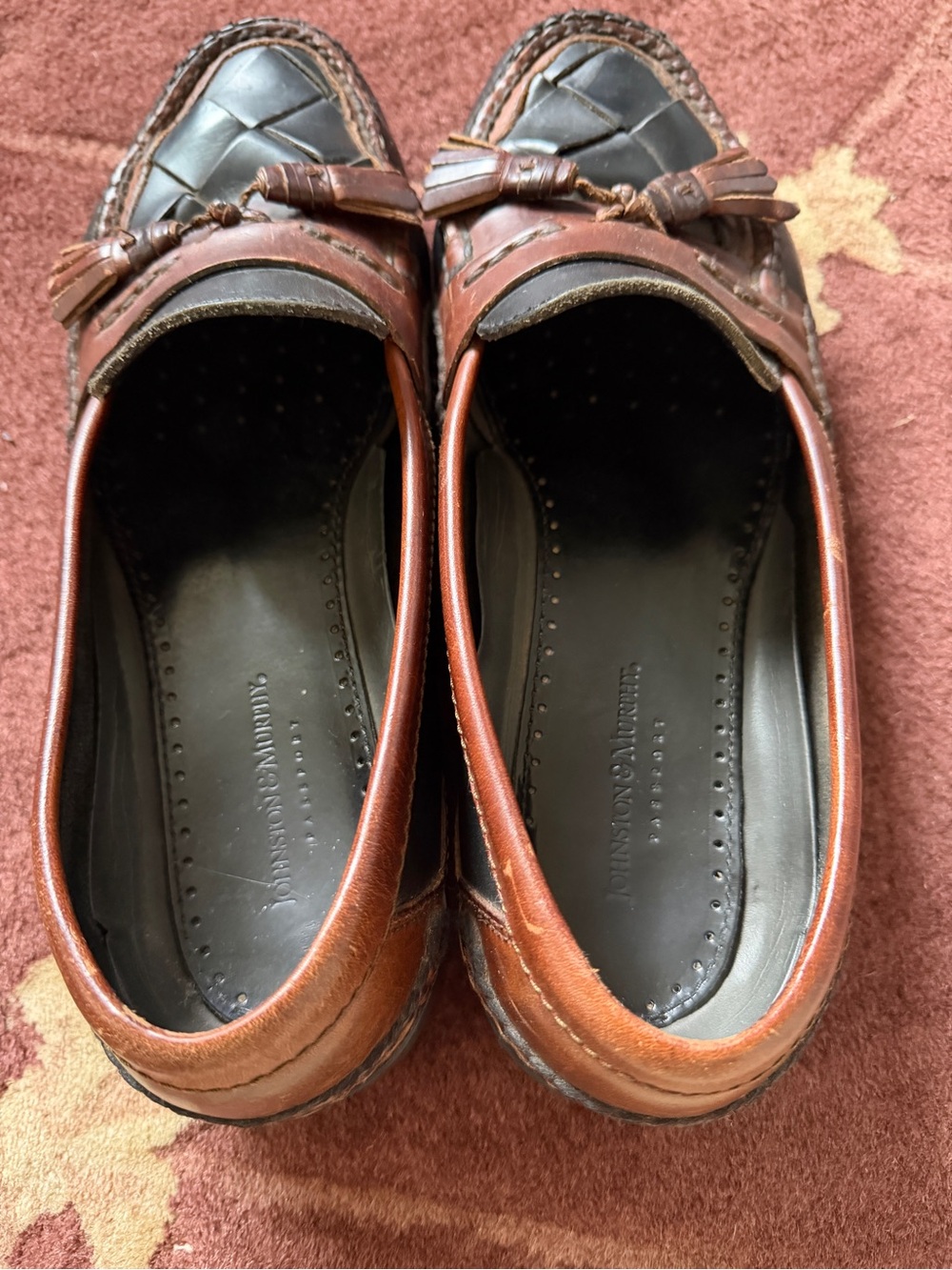 Johnston & Murphy Brown Leather Woven Tassel Loafers.